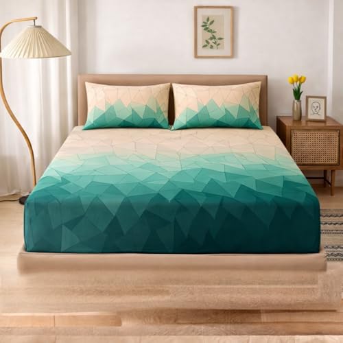 Image of Cotton Elastic Fitted Bedsheets with 2 King Size Pillow Covers Double Bed with All Around Elastic Supersoft Size - 72 King Sizex78+8 inches Color - Teal Ombre