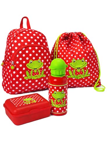 Familando Spiegelburg Kindergartenrucksack Set 4tlg. mit Turnbeutel, Brotdose, Trinkflasche für Mädchen ab 3 Jahre · rotes Motiv mit Frosch für Kindergarten