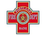 MAGNET 4x4 inch Cross Shaped Portland Maine FIRE DEPT Logo Sticker (City Firefighter) Magnetic vinyl bumper sticker sticks to any metal fridge, car, signs