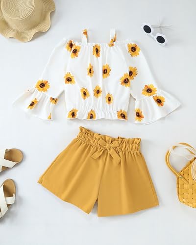 Image of Weebaby Girls Clothes 2 Piece Outfits Cute Kid Clothes Crop Top Paperbag Waist Shorts Set Summer Clothes for Tween Girls