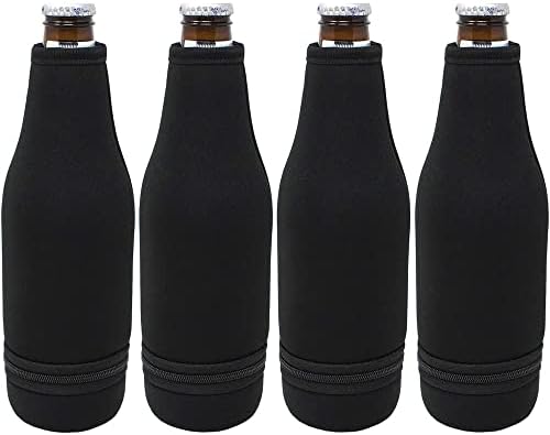 TahoeBay Beer Bottle Sleeves - Easy Zipper Bottom - Neoprene Insulated Cooler Covers Fit Standard 12oz Long Neck Bottles Enclosed Bottom (Black, 4-Pack)