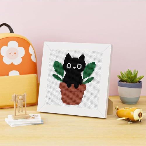 Image of Black Cat Plants Stamped Cross Stitch Kits for Adults Beginners with Frame | Partial 11CT Cross-Stitch,DIY Arts and Crafts for Adults,Embroidery Kit for Adults Beginners 7x7inch