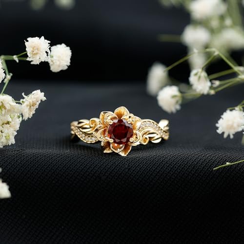 Real Garnet Art Deco Engagement Ring in Yellow Gold Plated Silver, AAA Quality, Certified Garnet Flower Ring - Ready To Gift2