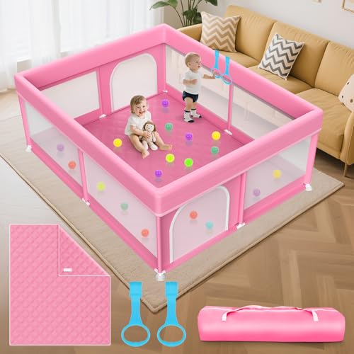 Image of 79x71 in Baby Playpen with Mat: Large Play Pen for Babies and Toddlers - Baby Gate Playpen with Soft Breathable Mesh - All-Wrapped Sponge Sturdy Safety Play Yard with 2 Handles & Bag, Pink