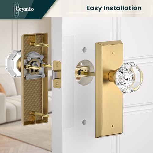 Image of Glass Door Knobs for Interior Doors - Vintage Crystal Passage Closet & Hallway Door Knob - Diamond Cut Door Handle - Satin Brass Finish (1 Pack)