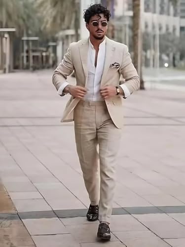 Men's 2 Pieces Linen Suit Slim Fit Summer Beach Wedding Tuxedo Grooms Retro Prom Party Blazer Pants2
