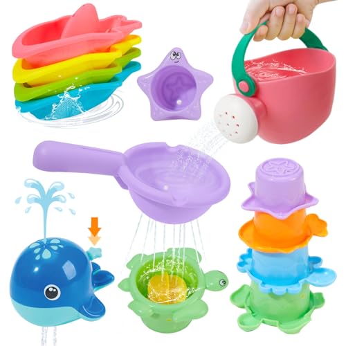 Mold Free Bath Toys, 11PCS | Safe Easy Clean & Fun Floating Boats & Spoon & Watering Can and Whale Bath Toy for Babies 12+ Months | Colorful Bathtub Pool Water Table Sand Toys for Babies and Toddlers