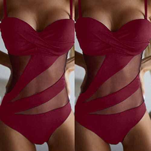 Bikini patchwork reductor que disimula el abdomen con malla arrugada estilo retro elegante 3