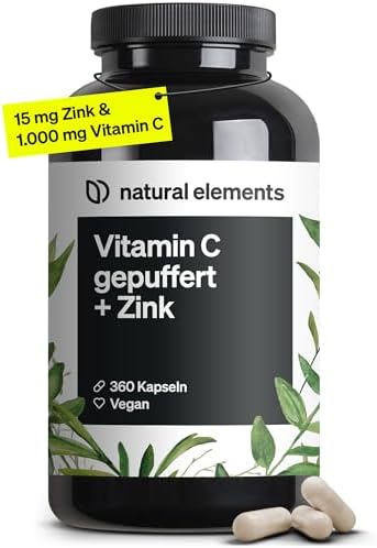 natural elements Vitamin C - 360 Kapseln - Hochdosiert mit 1000mg + 15mg Zink - Pflanzlich fermentiert & gepuffert (pH-neutral, säurefrei, magenschonend) - vegan, laborgeprüfte Qua