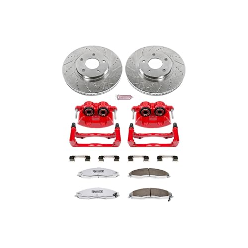 Image of PowerStop Front Brake & Caliper Kit for Chevrolet Camaro 1998-02 | Pontiac Firebird 1998-02 - Drilled & Slotted Disc Rotors + Carbon-Fiber Ceramic Brake Pads + Red-Powder Coated Calipers, KC1547-26