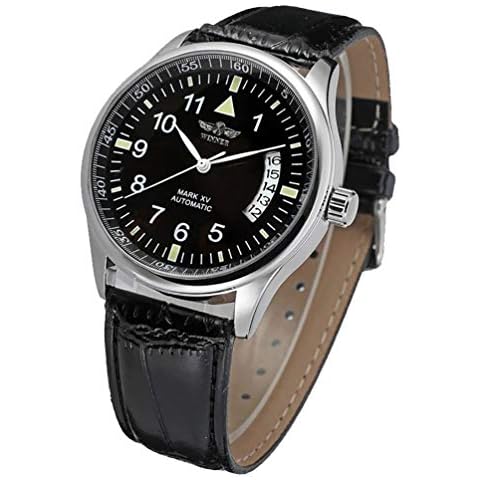 VIGOROSO Men's Sport Day Date Black Leather Automatic Self Winding Watch Cover
