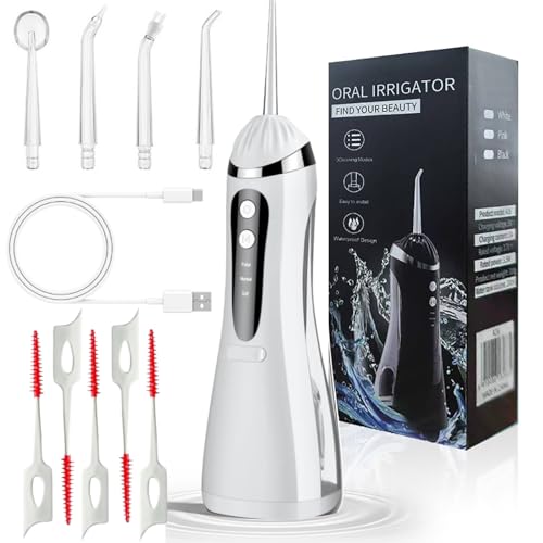 Water Flosser for Teeth Cleaning & Whitening Rechargeable - IPX7 Waterproof, Portable, USB Type-C Charging, 300ml Tank, 5 Pressure Levels, 4 Rotating Nozzles for Dental Hygiene (White W)