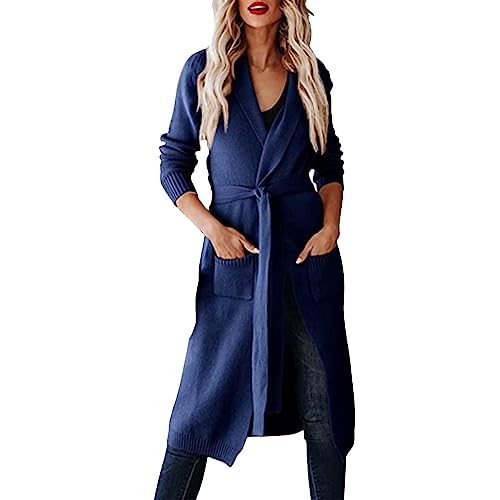 Cardigan Damen, Damen Lange Strickjacke mit Gürtel V-Ausschnitt Langen Ärmel Lässig Bequem Cardigan Elegant Open Front Bequem Strick Mantel