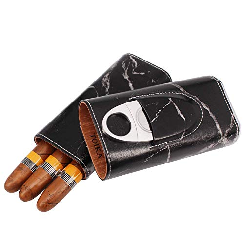Toika Elegant 3 Holder Black Marble Pattern Leather Travel Cigar Case - Cedar Wood Lined Cigar Humidor With Cutter #TOP1