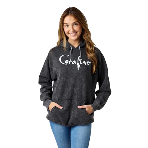 Bioworld Coraline Full Moon Character Art Women's Black Enzyme Wash Long Sleeve Fleece Hooded Sweatshirt-Medium