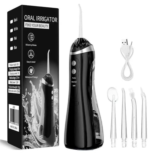 FONCBIEN Irrigador Bucal Portatil, Irrigador Dental con 4 Boquillas 3 Modos IPX7 300ML USB-C Recargable Limpieza Dental Irrigador Dental Portatil Para el Hogar y los Viajes