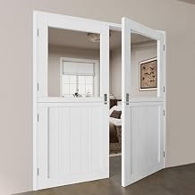 Double French Dutch Door Slab, 60"x 80" Interior Pre-Assembled 1.38" White Solid Wood Core with Clear Glass Panel, 4 Hinges & Latch Included, Pocket Barn Doors for Living Room Pantry Closet Porch