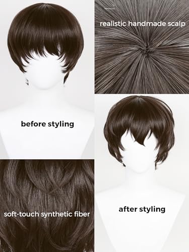 Image of Half and Half Dazai Cosplay Wig Short Dark Brown Anime Wig with Bangs Men's Brown Layered Wigs Synthetic Fiber Hair for Unisex Halloween Party