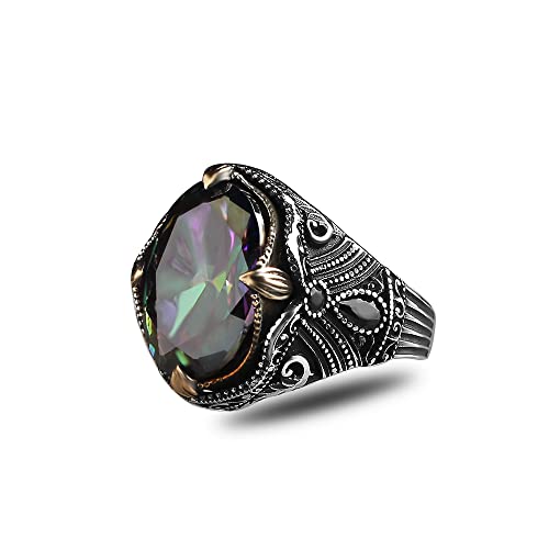 BayVog 925 Sterling Silver Mens Ring with Mystic Topaz Gem Stone, Handmade Men Silver Ring, Turkish Silver Ring, Gift for Men
