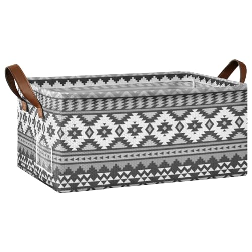 Fygkptb Seamless Tribal Ethnic Pattern in Vintage Retro 1 PC Rectangle Foldable Frame Basket Leather Handles Storage Bin for Laundry Bathroom Organizer 16.9 x 11.4 x 7.7 inch
