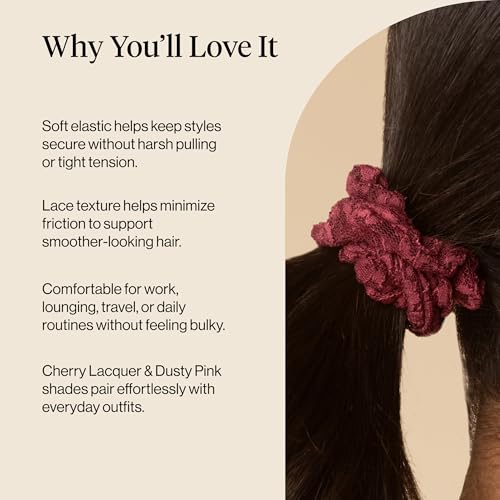 Image of Kitsch Ruched Lace Scrunchies For Women - No Crease, Gentle Hold, Frizz-Free Hair Scrunchies | Soft Lace Hair Accessories for All Hair Types - Cherry Lacquer & Dusty Pink, 5pc Set