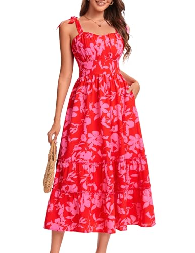 Berylove Floral Maxi Dress for Women 2025 Casual A Line Print Vacation Boho Flowy Sleeveless Beach Dresses Red L