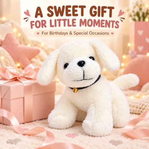 Image of ADORA White Puppy Soft Toy with Black Collar and Golden Bell, Cute Fluffy Stuffed Dog Plush for Kids, Cuddly Animal Toy for Birthday Gifts, Nursery Decor and Playtime