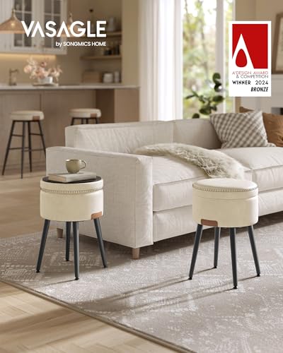 Image of VASAGLE Storage Ottoman, PU Leather Round Seat with Steel Legs | Vanity Chair Stool, with Stitching, Transitional, Loads 150 kg, Cream White and Ink Black, EKHO Collection ULOM005W01