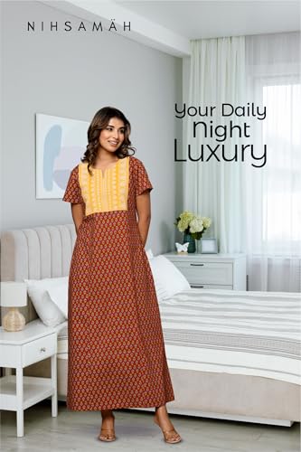 Image of NIHSAMAH Cotton Nighty for Women - Printed Stylish Night Gown, Comfortable Sleepwear Long Nightwear, Maxi