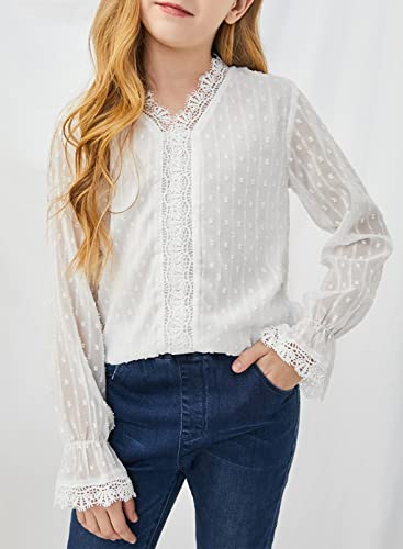 Dokotoo Girls Cute V Neck Ruffle Long Sleeve Princess Tee Shirts Solid Color Lace Crochet Pom Pom Loose Soft Chiffon Boho Blouses For Teen Girl Tunic Tops Size 6-7 White #TOP2