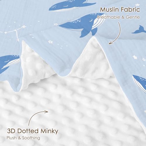 Image of Whale Baby Blankets for Boys Girls, Soft Nursery Minky Blankets with Muslin and Dotted Fleece Back 30x40 inches, Receiving Bed Quilt for Newborn, Infants, Toddlers