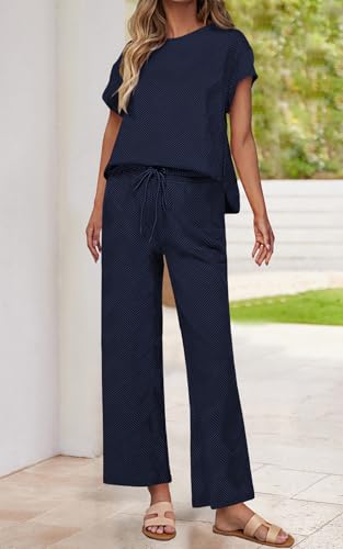 Image of PRETTYGARDEN 2 Piece Outfits For Women Casual Tracksuit Short Sleeve Tops And Wide Leg Long Pants Matching Lounge Sets