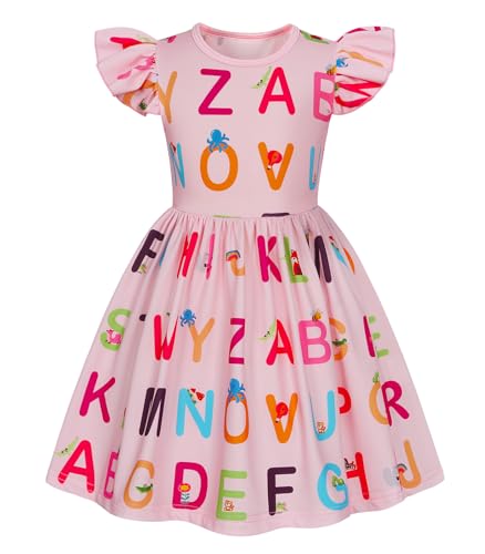 WonderBabe Toddler Kids Back to School Dress First Day of School Outfits for Girls Summer Casual Flutter Sleeve Ruffle Printed Dresses Size 6-7