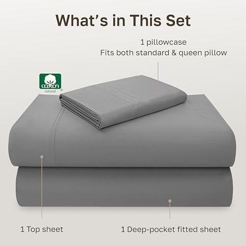 Image of California Design Den Luxury Twin Sheet Set - 100% Cotton, 600 Thread Count Deep Pocket Twin Sheets, Hotel-Quality Bedding with Soft Sateen Weave - Mist Grey
