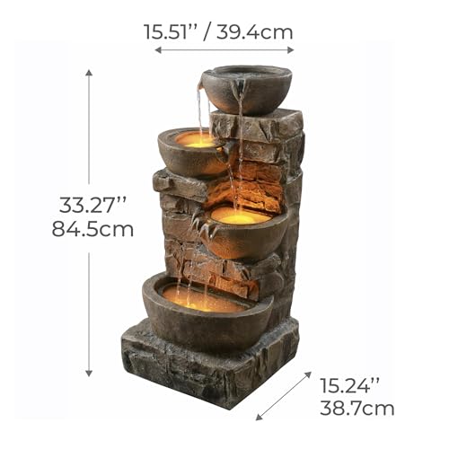 Image of Teamson Home 33.27 inch Cascading Bowls & Stacked Stones LED Water Fountain for Outdoor Living Spaces, Brown