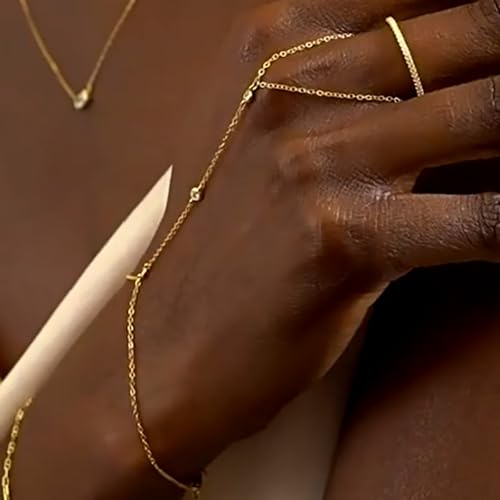 Image of Long tiantian Hand Chain Bracelet Gold Link Finger Ring Slave Bracelet