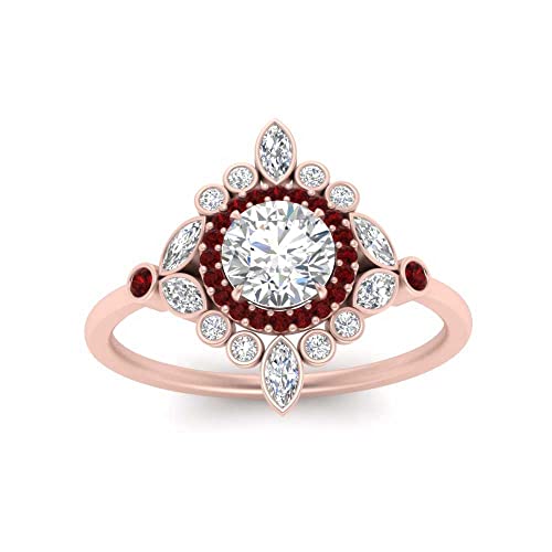 Image of 55Carat Choose Your Gemstone Round Halo Floral Engagement Ring Rose Gold Plated Round Shape Vintage Engagement Rings Everyday Jewelry Wedding Jewelry Handmade Gifts for Wife US Size 4 to 12