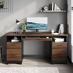 Bestier 59” Computer Desk with 4 Drawers, Office Desk with Storage, Industrial Executive Desk with File Drawer, Keyboard Tray & 2 Pedestals for Home Office & Studio, Cherry - Image 2