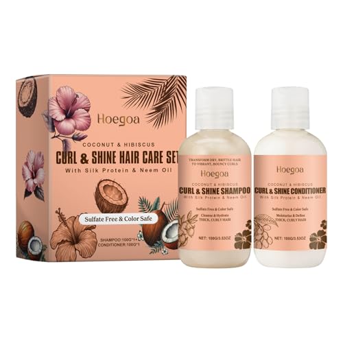 Coconut &amp; Hibiscus Curl &amp; Shine Hair Care Set, Shampoo &amp; Conditioner with Silk Protein &amp; Neem Oil, Sulfate Free, 100g Each
