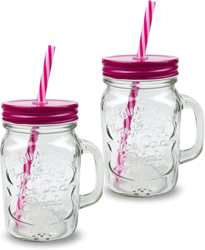 G4GADGET 2X Pink Mason Jars with Handles (500ml Each) – Durable Glass Drinking Cups with Lids & Reusable Straws – Perfect for Smoothies, Juices, Milkshakes & Cold Beverages