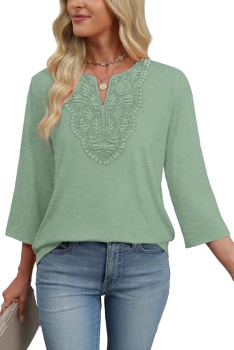 Image of WIHOLL 3 /4 Length Sleeve Womens Tops Boho V Neck Lace Shirt Trendy Blouses Dressy Casual Vacation Clothes S-3XL