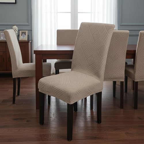 Image of House of Quirk Elegant Jacquard Chair Cover - 220 GSM Stretch Fabric, Universal Fit, Washable Short Dining Seat Protector Slipcover (Khaki, Pack of 1)