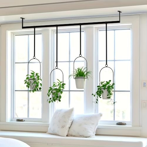 Metal Adjustable Hanging Flower Pots Set with 4 Plastic Pots Indoor and Outdoor Wall Plant Hanger with Nylon Rope for Windows and Ceiling Herb Garden 41.4-48 Inches White and Black