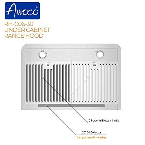 Awoco RH-C06-30 Classic 6" High Stainless Steel Under Cabinet 4 Speeds 900CFM Range Hood with 2 LED Lights Top Vent (30"W Top Vent) - Thumbnail 4
