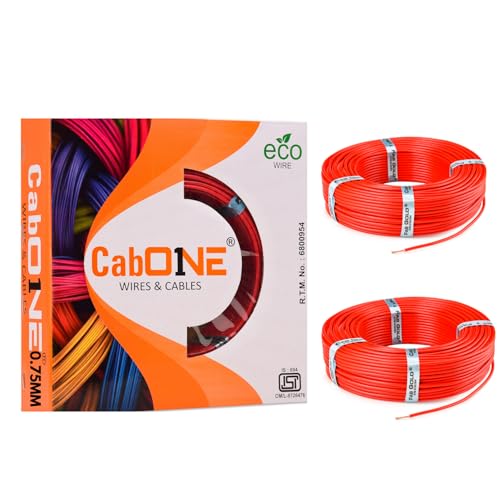 Image of CabONE 0.75 SQ.MM FR PVC Insulated Copper Electrical Wire, 90 Meter (Red, Pack of 2) | ISI Marked Fire Retardant Single Core Cable for Home Wiring