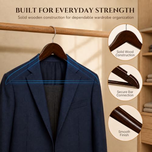 Image of Ash & Roh - Wooden Suit Hangers - Smooth Finish Solid Wood Coat Hanger with Non Slip Pants Bar, 360 Swivel Hook and Precisely Cut Notches Camisole, Jacket, Clothes Hangers (Cherry Hanger, 24)