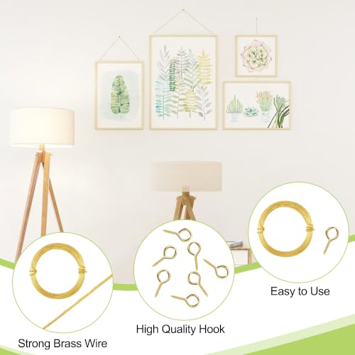 Image of Picture Hanging Kit - 3 Rolls 3M Brass Wires with 20Pcs Eye Hooks, Heavy Duty Hanging Accessories for Pictures Canvas Mirrors Artwork(Gold)