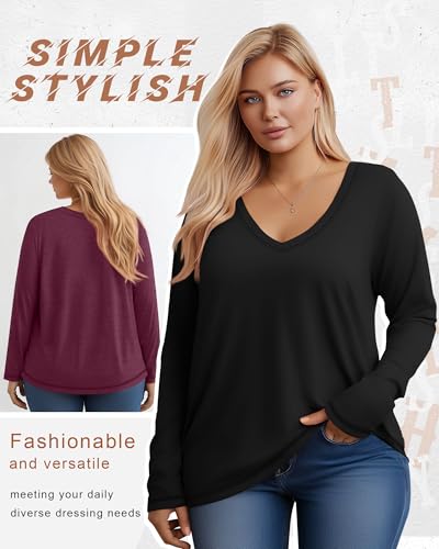 3 Pack Women's Plus Size T Shirts, Casual Long Sleeve Tops V Neck Basic Shirts Fall Loose Fit Soft Tops2