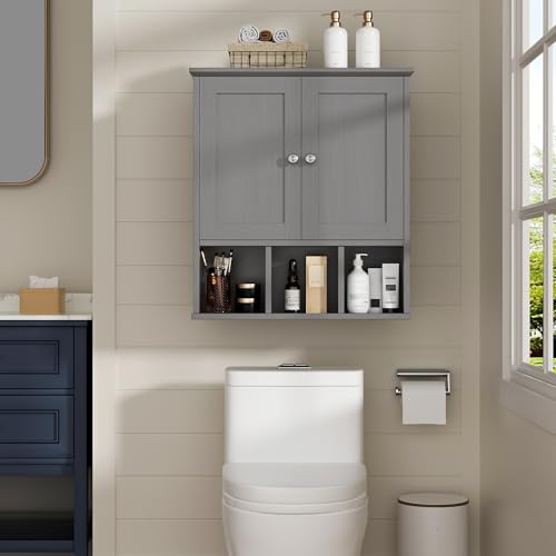 Shintenchi Bathroom Wall Cabinet with Door, Storage Organizer Over The Toilet Medicine, Space Saving with Adjustable & Open Shelf, Grey by Shintenchi - Image 3