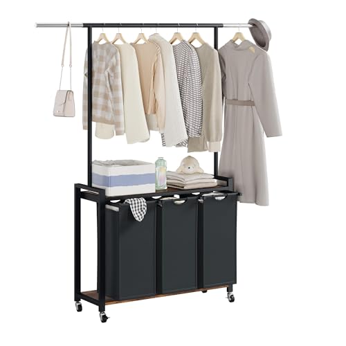 IDEALHOUSE 3-Section Laundry Sorter,Rolling Laundry Hamper with Hanging Rack &